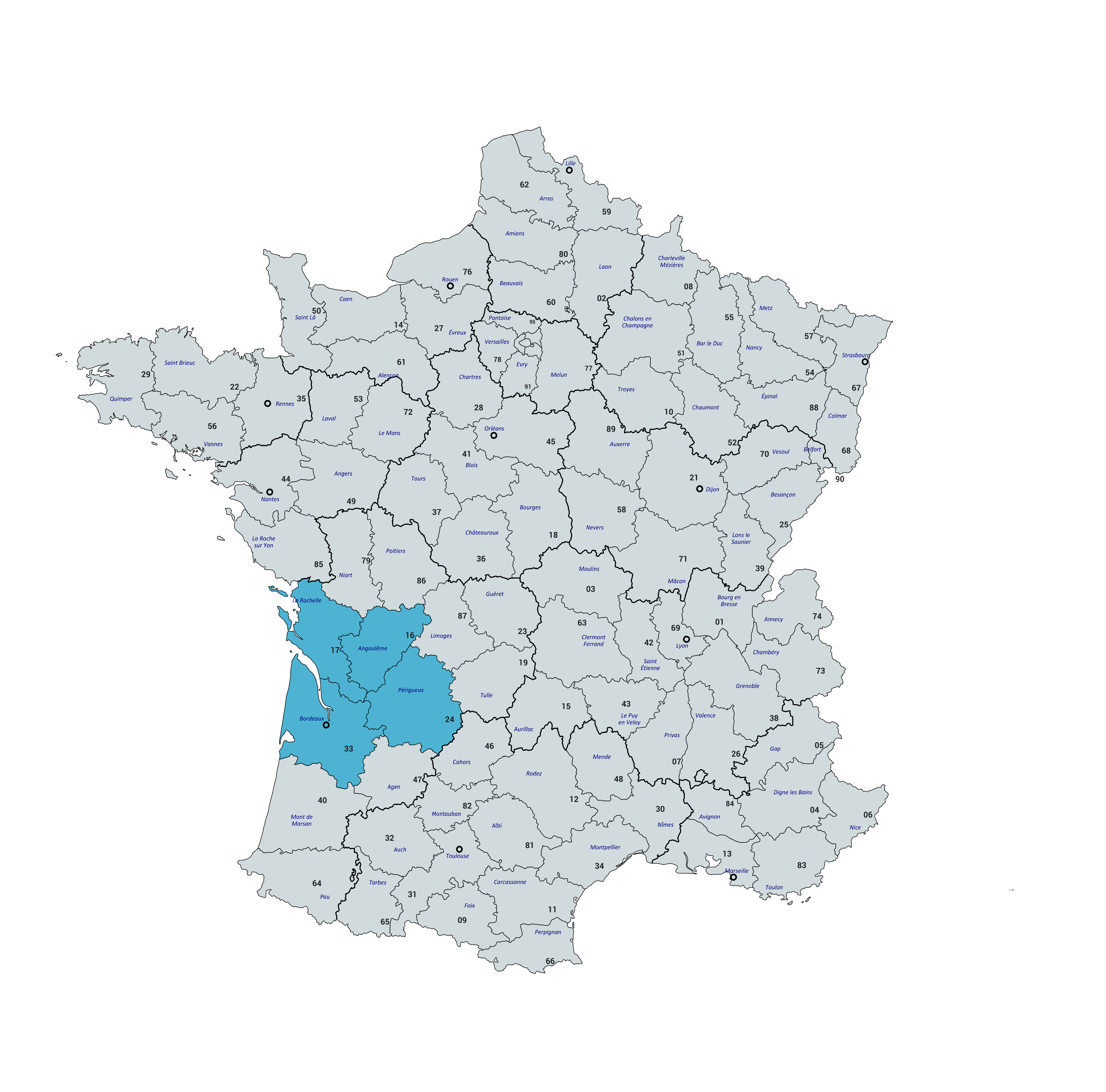Carte de la zone d'intervention JULELEC en Gironde, Dordogne, Charente-Maritime et Charente